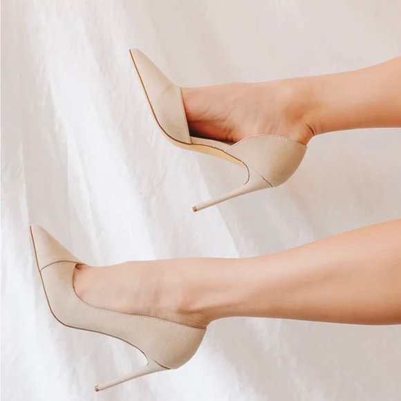 Satsuki Light Nude Suede Pointed Toe D'Orsay Sexy Cut Out Pumps ~ Stiletto Heels - Picture 2 of 9
